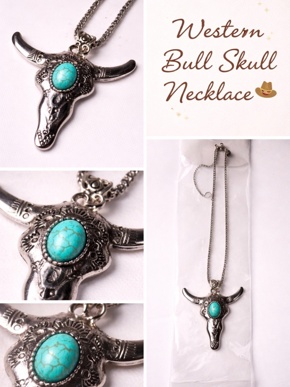 Western Bull Skull Necklace Turquoise Stone Silver Tone Cowgirl Rodeo Boho